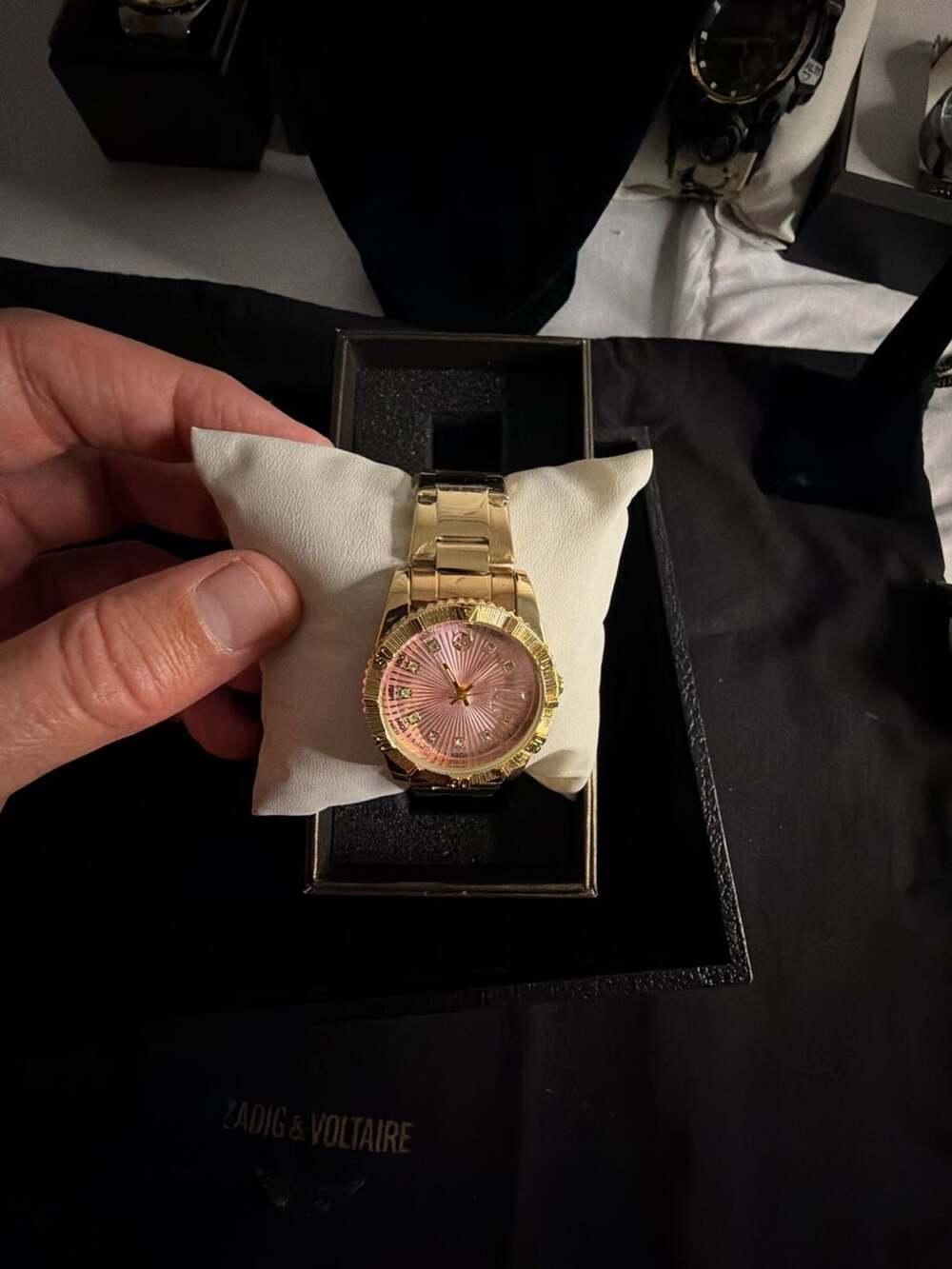 AJ Gold-Tone Stainless Steel Watch with Pink Sunray Dial